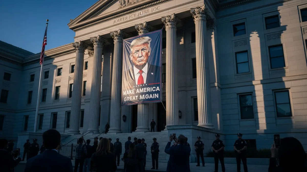 Trump banner displayed on Justice Department headquarters